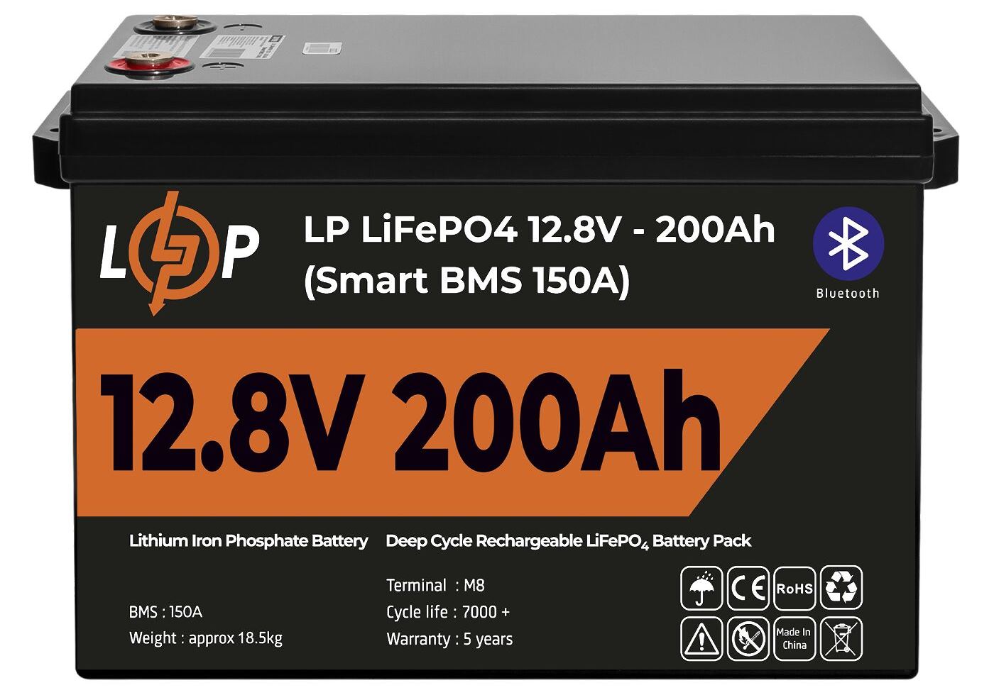 Акумулятор LP LiFePO4 12V (12,8V) - 200 Ah (2560Wh) (Smart BMS 150А) з BT пластик