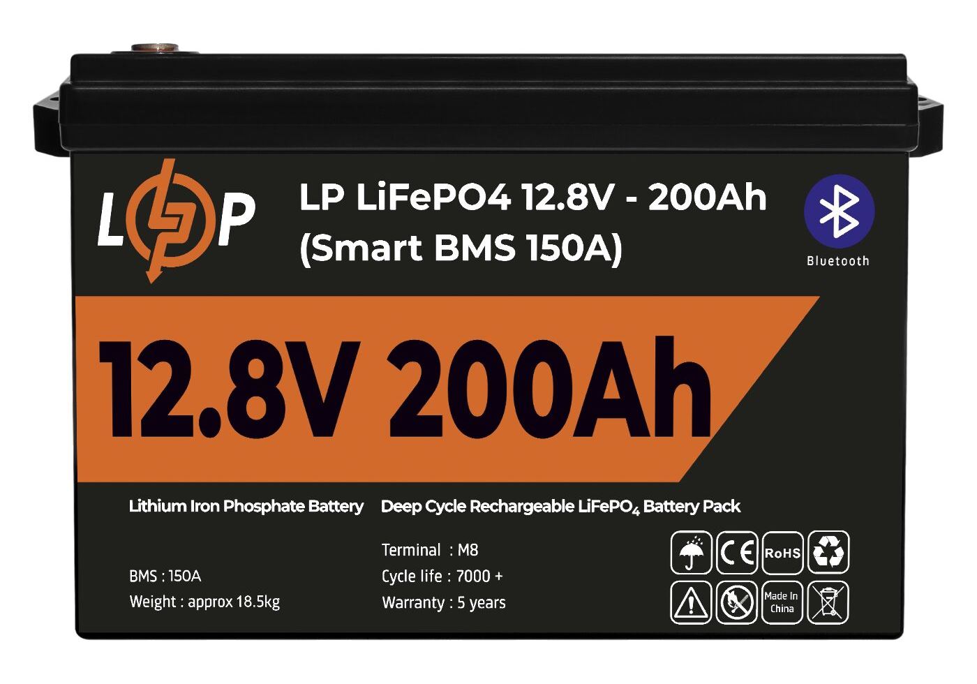 Акумулятор LP LiFePO4 12V (12,8V) - 200 Ah (2560Wh) (Smart BMS 150А) з BT пластик