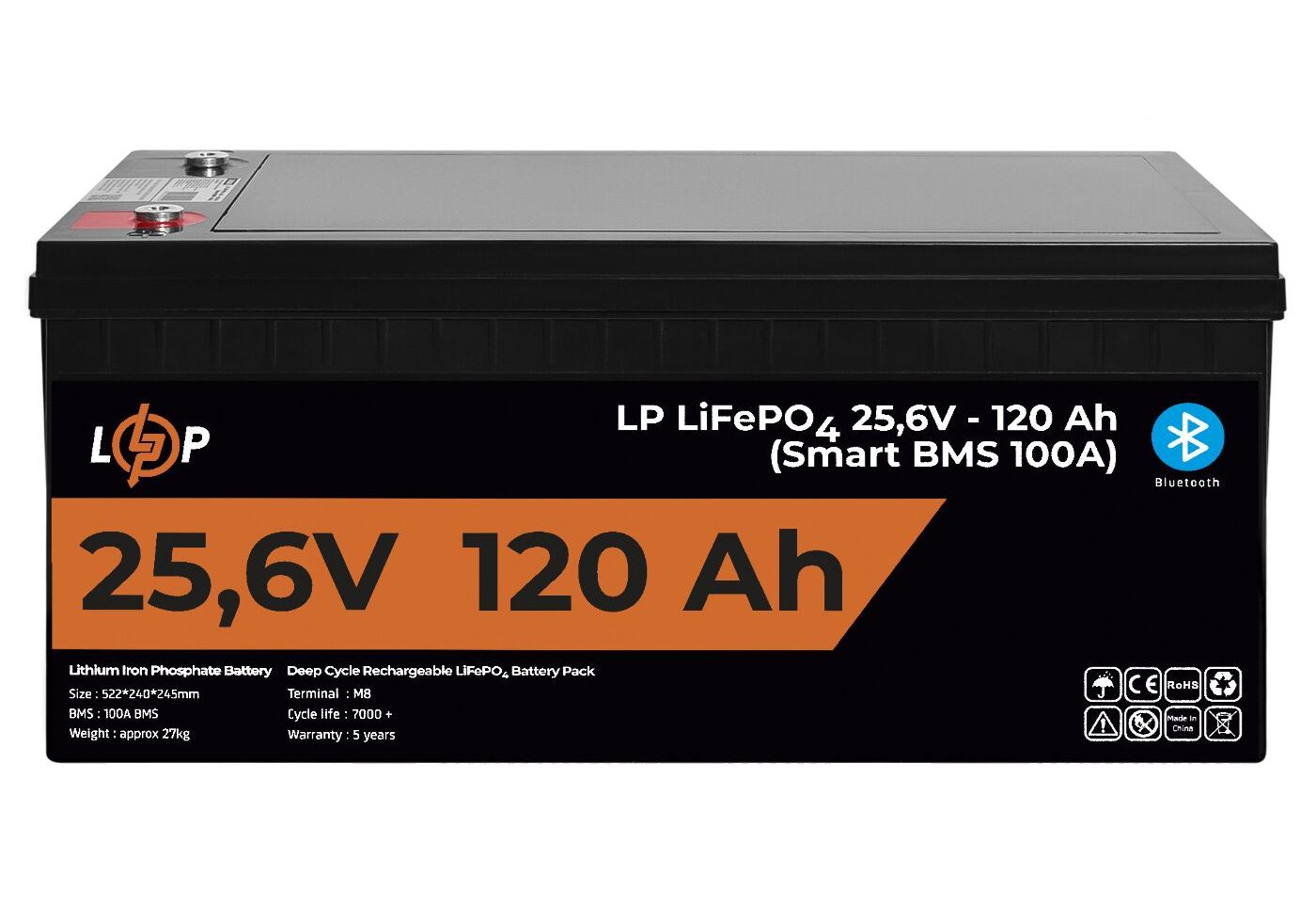 Акумулятор LP LiFePO4 25,6V - 120 Ah (3072Wh) (Smart BMS 100А) з BT пластик для ДБЖ