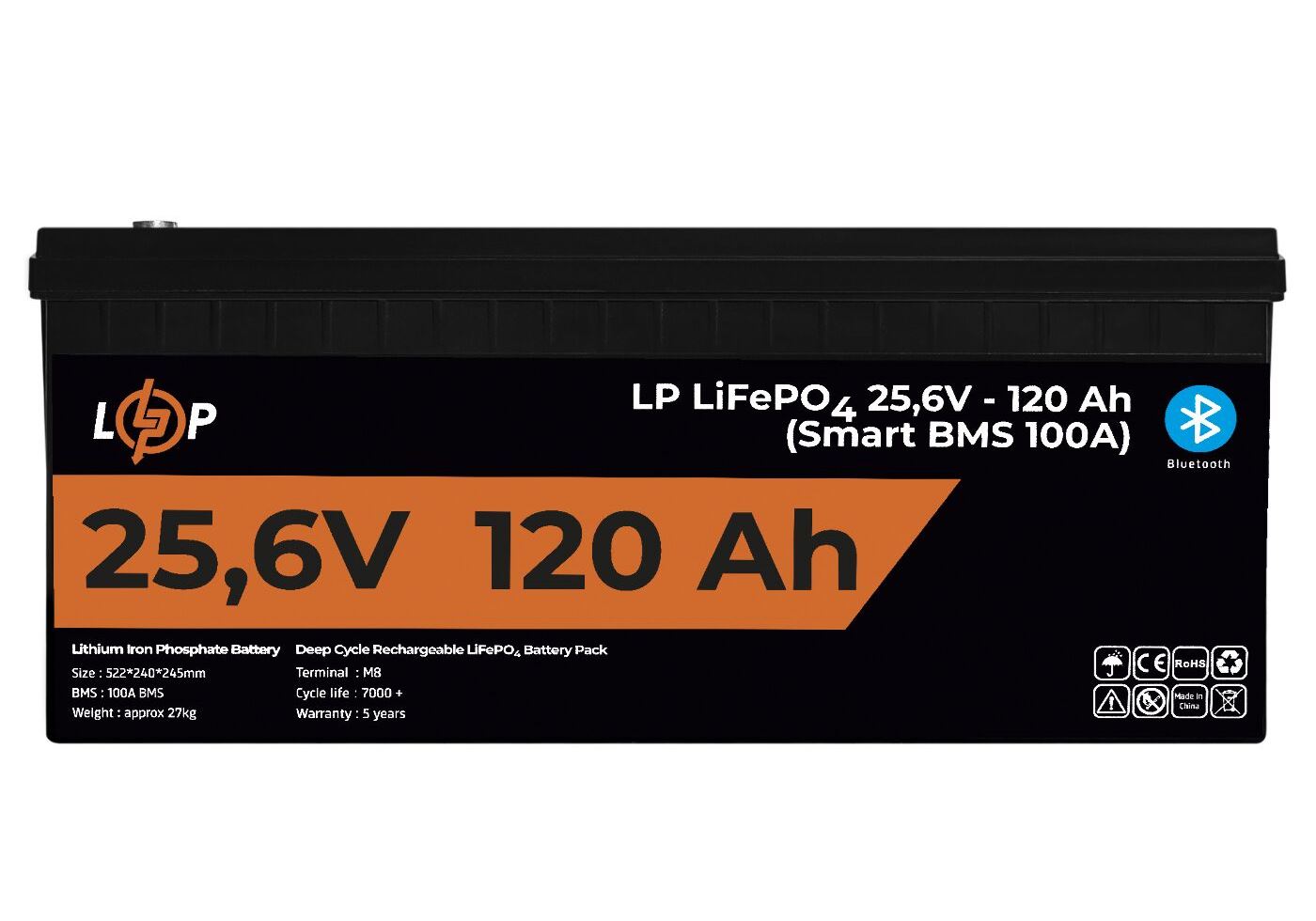 Акумулятор LP LiFePO4 25,6V - 120 Ah (3072Wh) (Smart BMS 100А) з BT пластик для ДБЖ